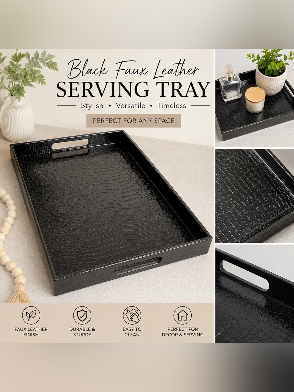 Black Faux Leather Crocodile Embossed Serving Tray